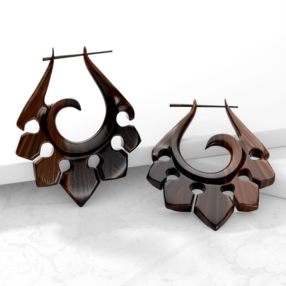 Organic Hand Carved Sono Wood Tribal Ornament Stirrup Hanger Earrings