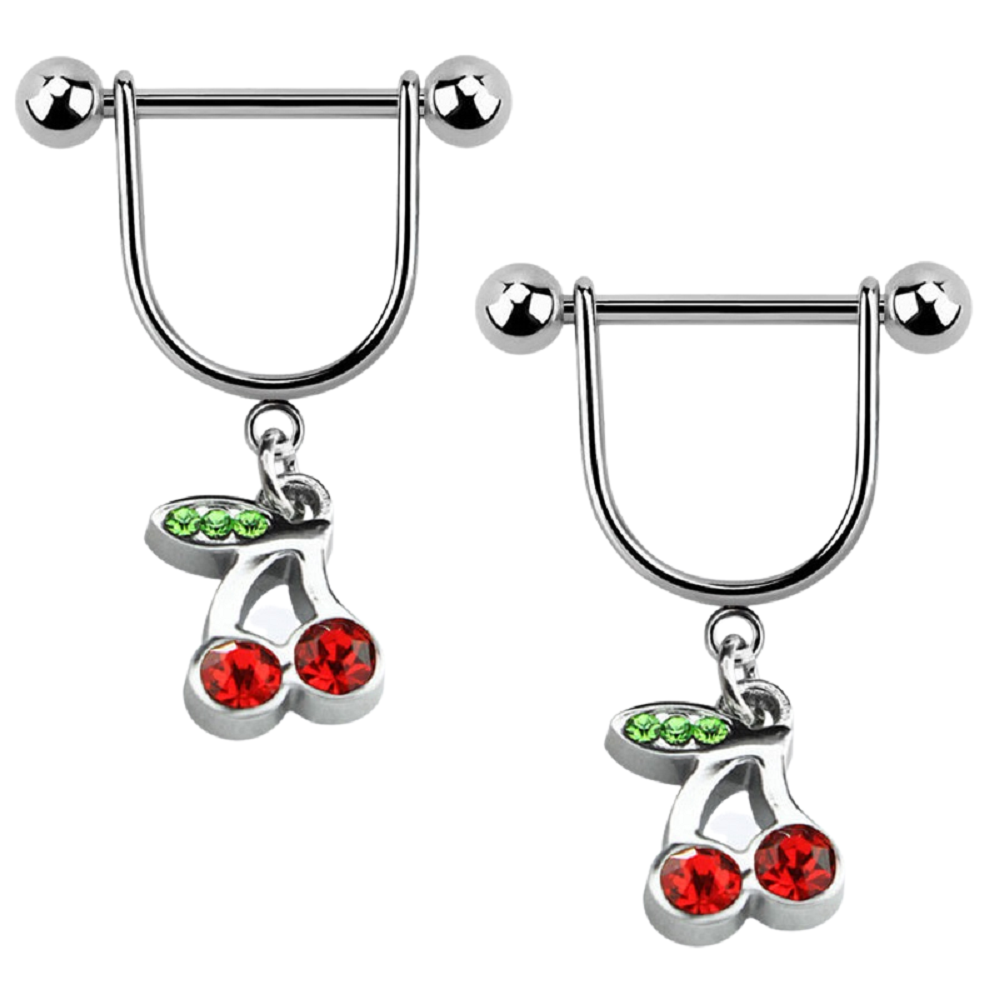 Red CZ Crystal Cherries Dangling Nipple Barbells - 316L Stainless Steel - Pair