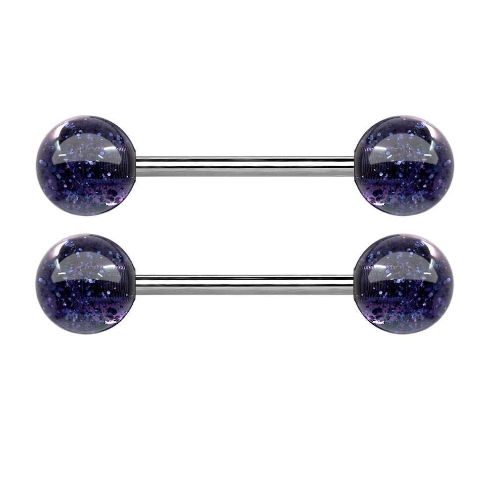 Super Glittery Acrylic Ball Ends Nipple Barbells - Grade 23 Solid Titanium - Pair