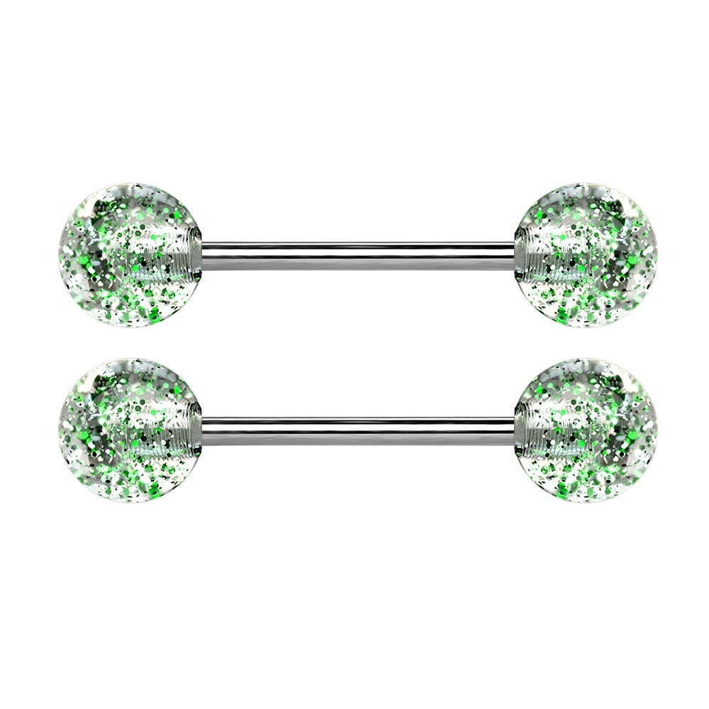 Super Glittery Acrylic Ball Ends Nipple Barbells - Grade 23 Solid Titanium - Pair