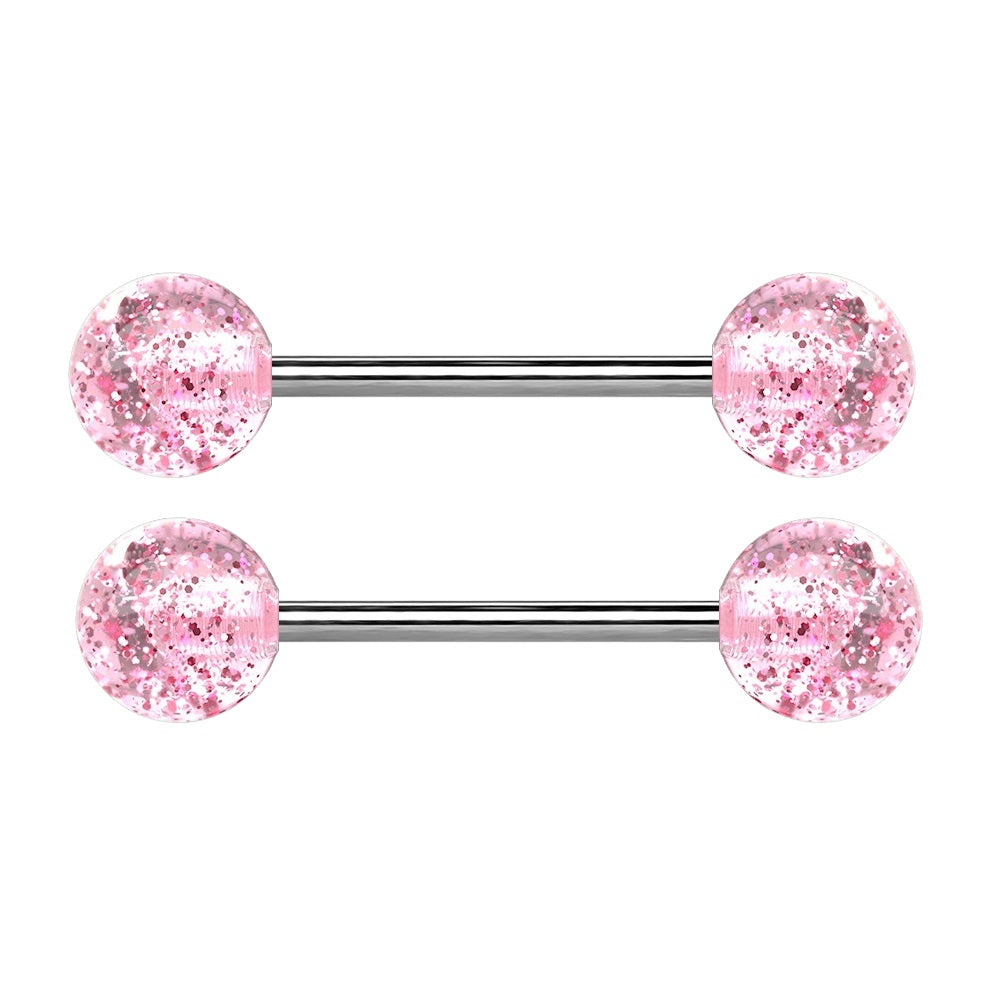 Super Glittery Acrylic Ball Ends Nipple Barbells - Grade 23 Solid Titanium - Pair
