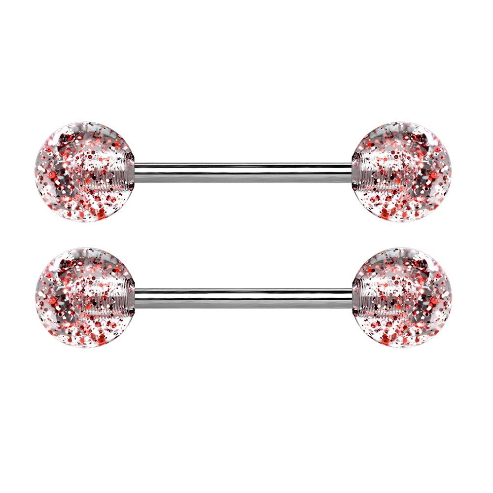 Super Glittery Acrylic Ball Ends Nipple Barbells - Grade 23 Solid Titanium - Pair