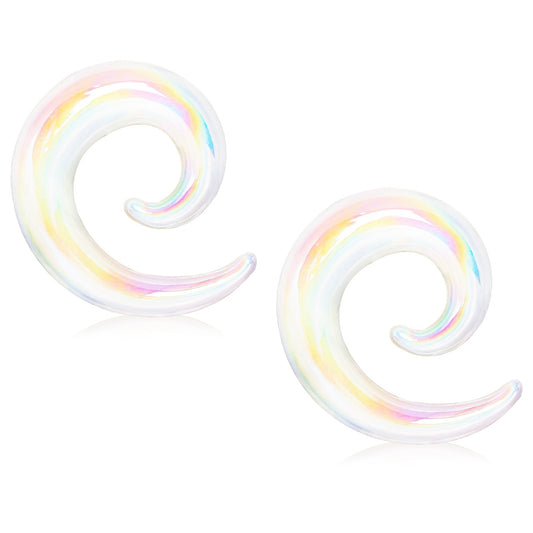 White Iridescent Glass Handcrafted Spiral Taper Plugs - Pair