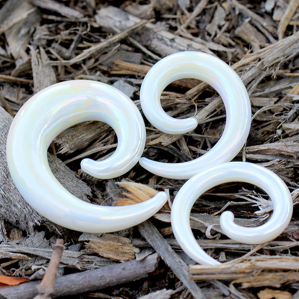 White Iridescent Glass Handcrafted Spiral Taper Plugs - Pair