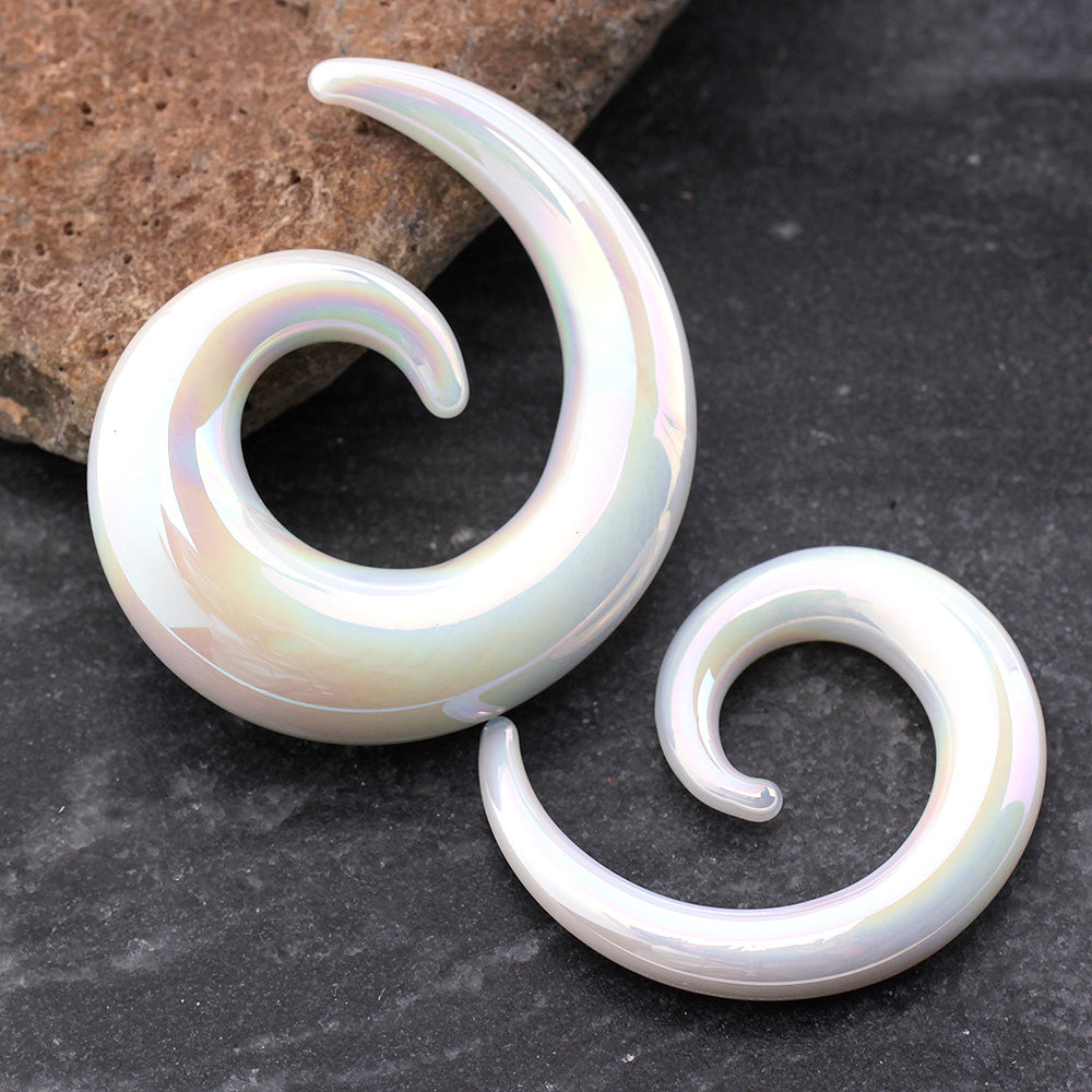 White Iridescent Glass Handcrafted Spiral Taper Plugs - Pair
