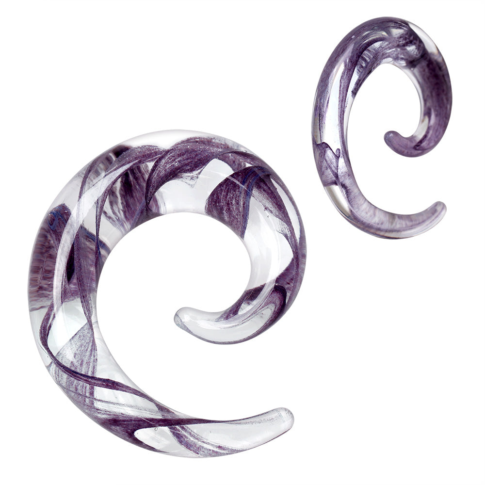 Swirling Purple Ribbon inside Glass Spiral Taper Plugs - Pair