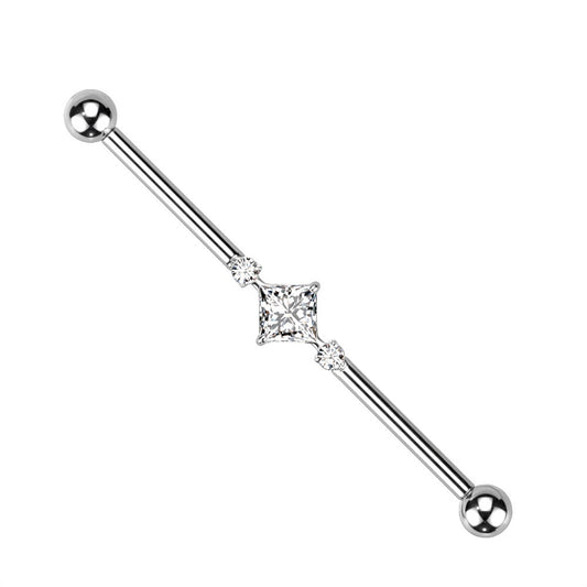 Double Round CZ Crystals and Square Crystal Center Internally Threaded Industrial Barbell - G23 Implant Grade Titanium
