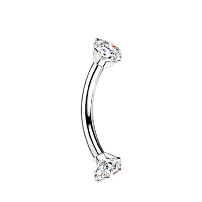 Internally Threaded Prong Set CZ Crystal Ends Curved Barbell - G23 Implant Grade Titanium