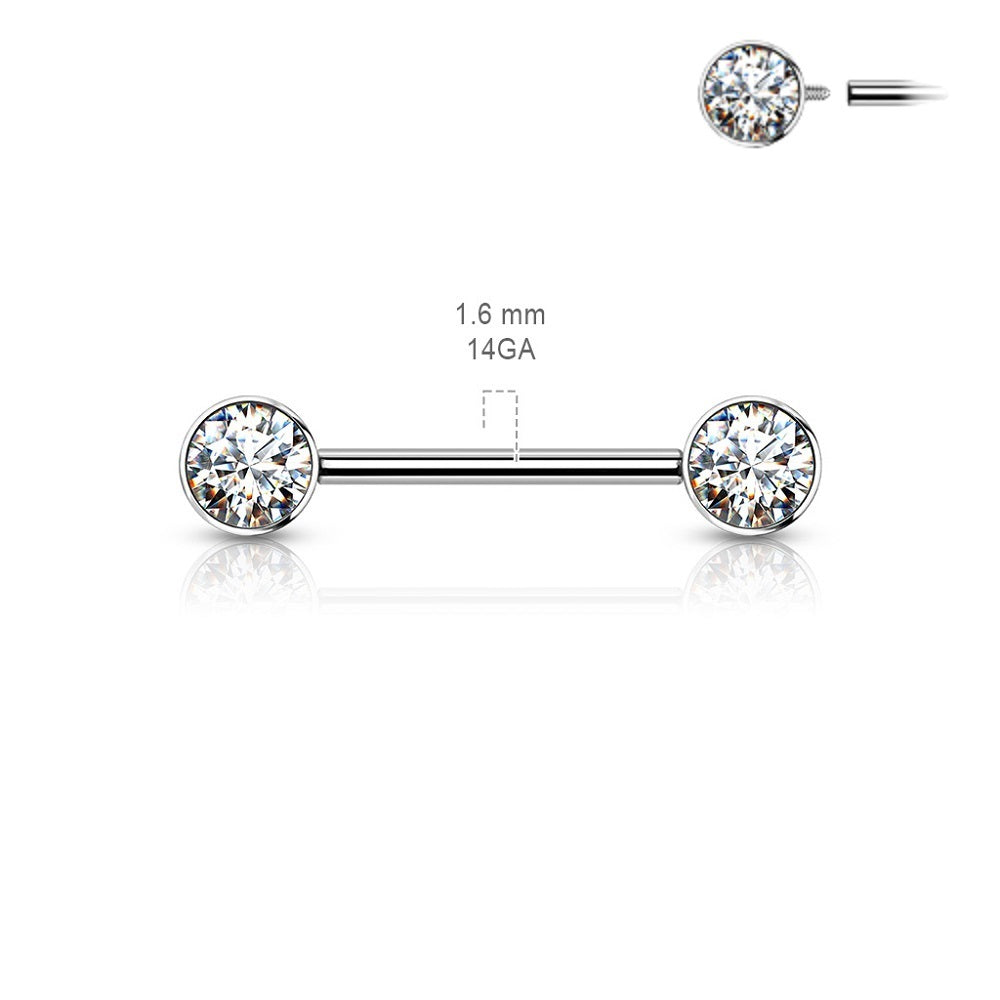 Internally Threaded Bezel Set Crystal Nipple Barbells - Implant Grade Titanium - Pair