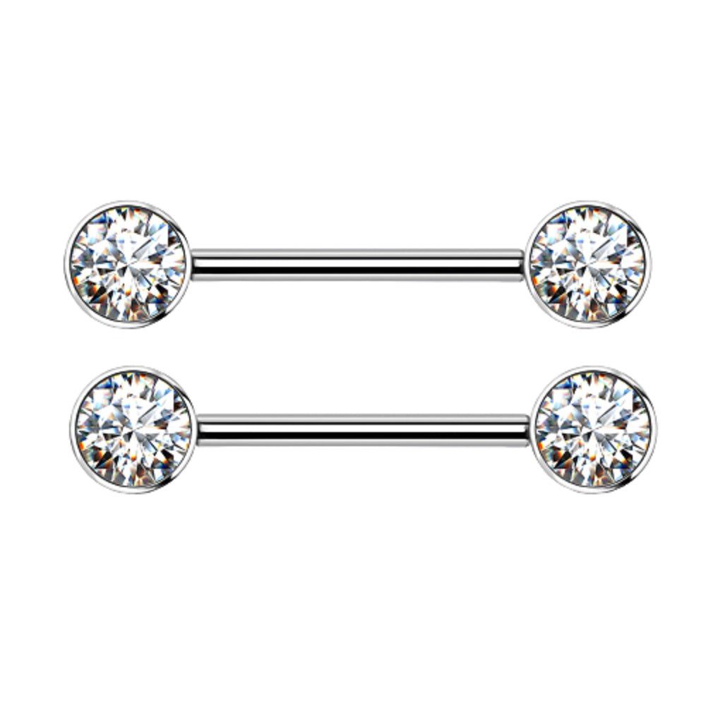 Internally Threaded Bezel Set Crystal Nipple Barbells - Implant Grade Titanium - Pair