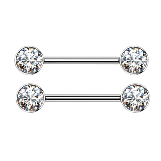 Internally Threaded Bezel Set Crystal Nipple Barbells - Implant Grade Titanium - Pair