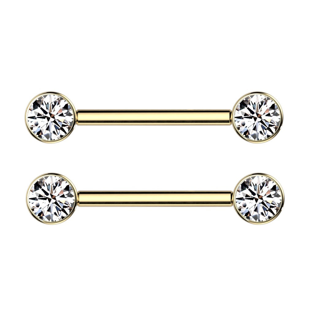 9/16" Internally Threaded Bezel Set Crystal Nipple Barbells - Implant Grade Titanium - Pair