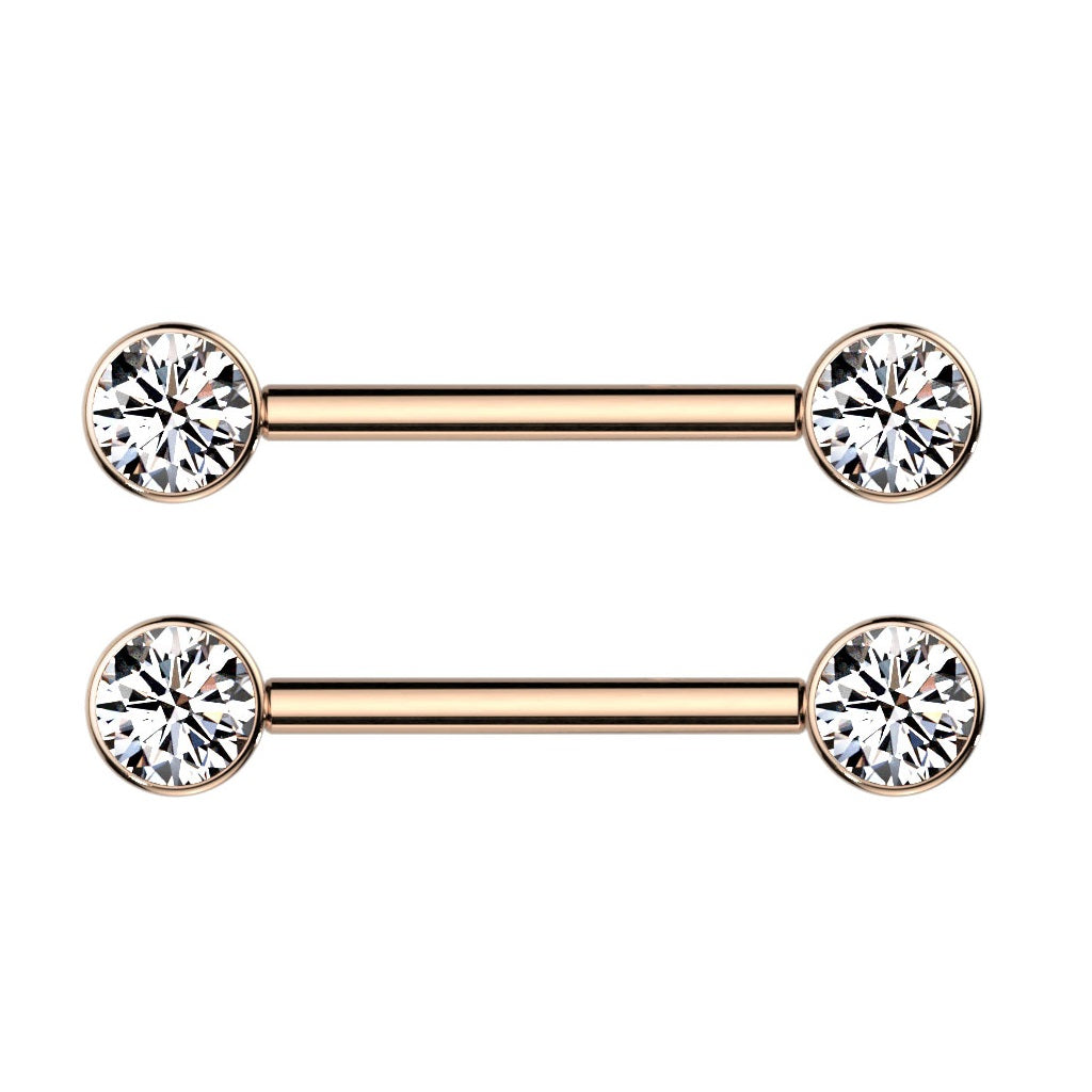 9/16" Internally Threaded Bezel Set Crystal Nipple Barbells - Implant Grade Titanium - Pair