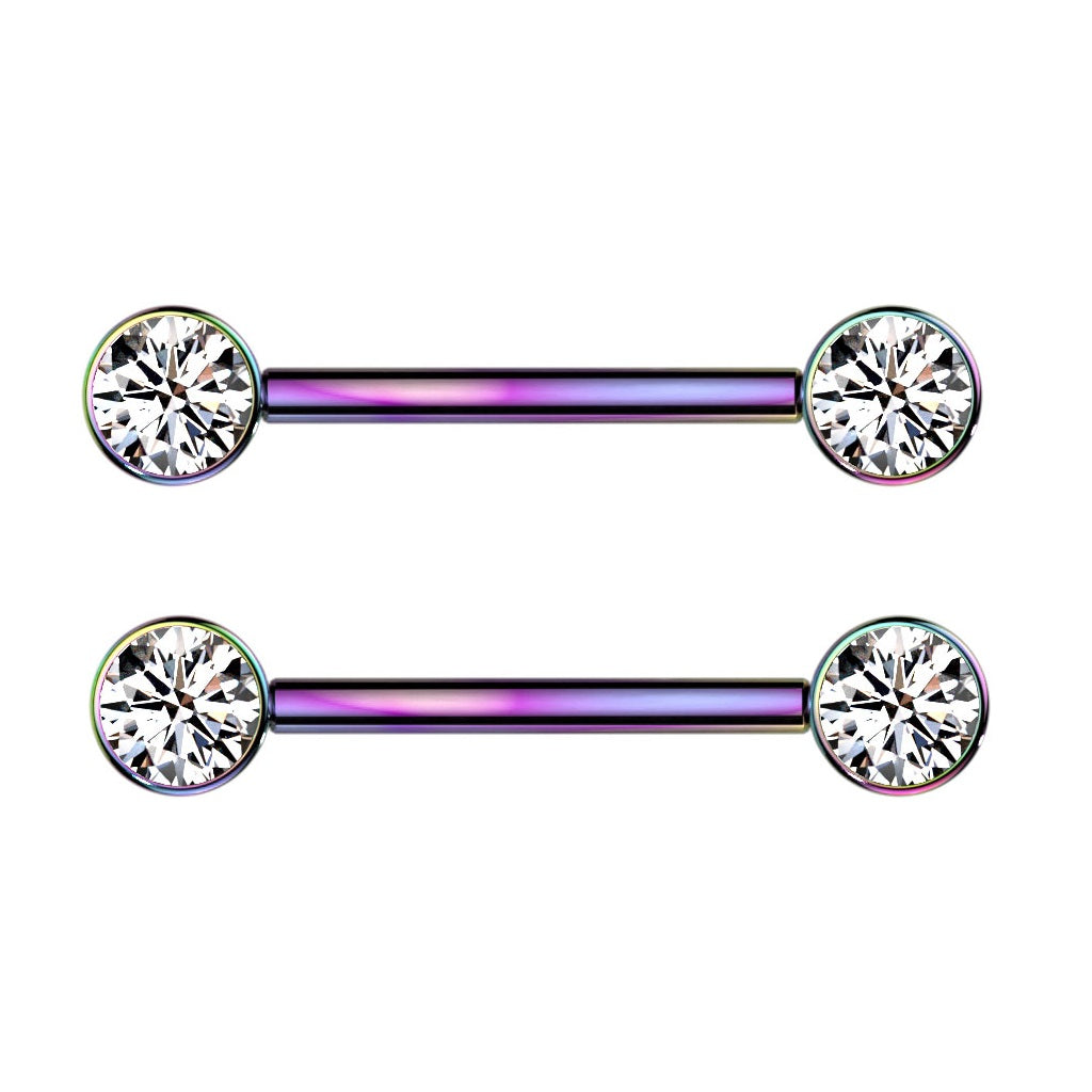 9/16" Internally Threaded Bezel Set Crystal Nipple Barbells - Implant Grade Titanium - Pair