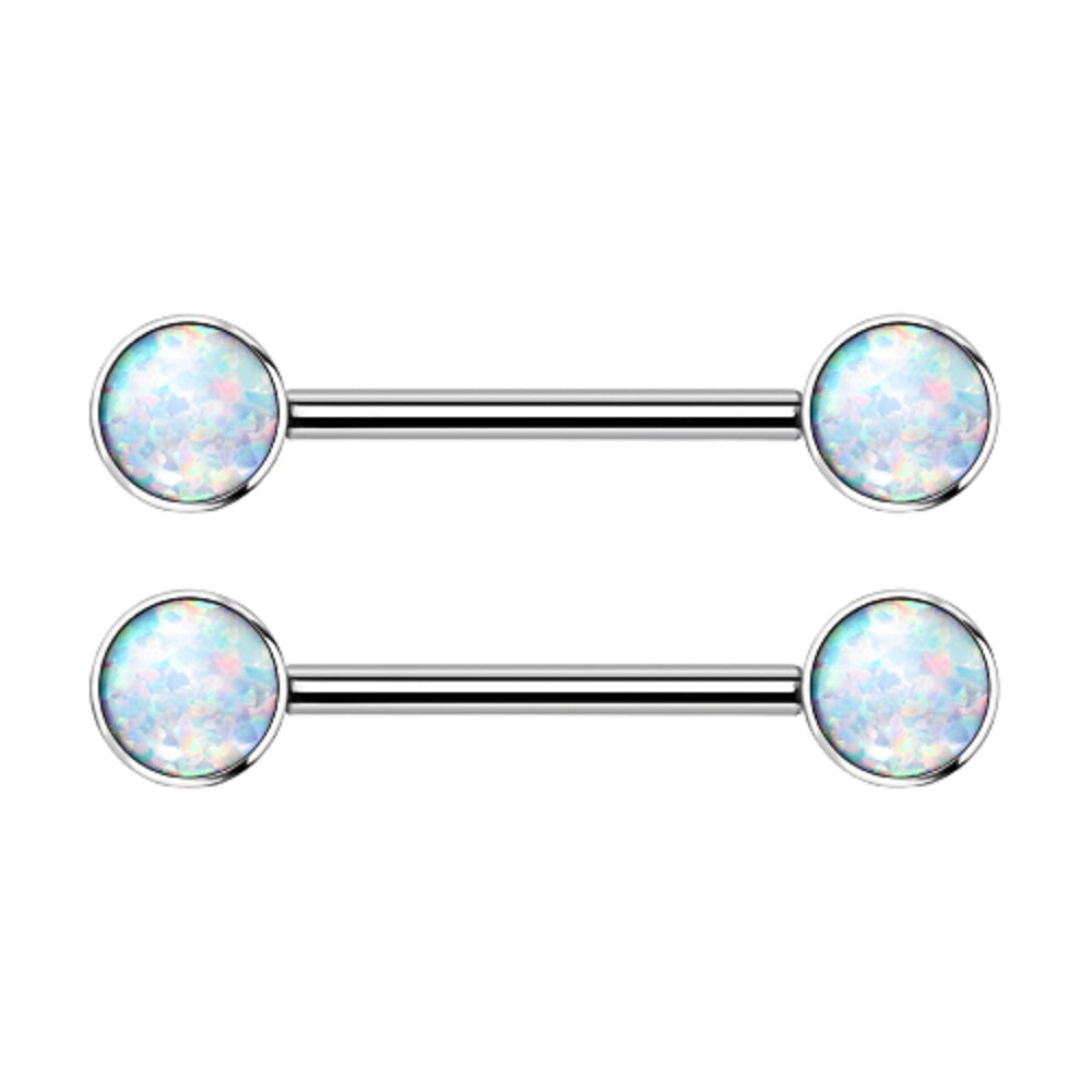 Internally Threaded Bezel Set Synthetic Opal Nipple Barbells - Implant Grade Titanium - Pair