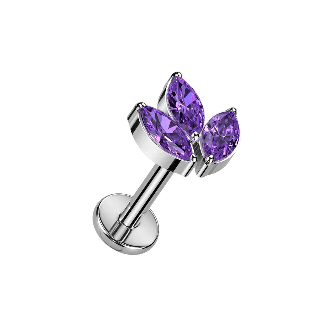 Internally Threaded CZ Crystal Marquise Top Flat Back Stud - F136 Implant Grade Titanium