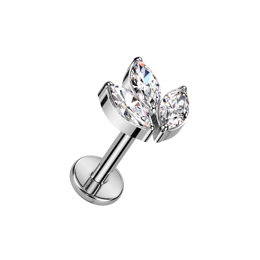 Internally Threaded CZ Crystal Marquise Top Flat Back Stud - F136 Implant Grade Titanium