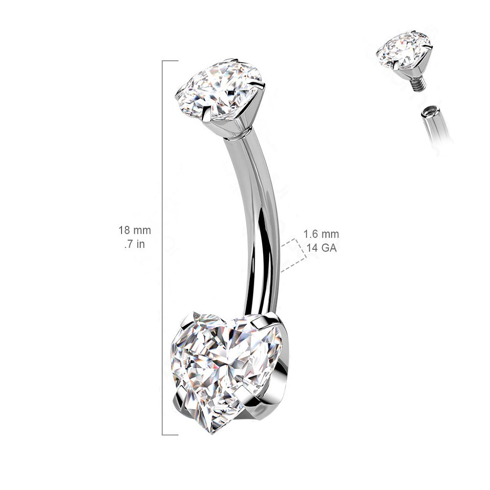 Prong Set CZ Crystal Heart Internally Threaded Belly Button Ring - G23 Implant Grade Titanium