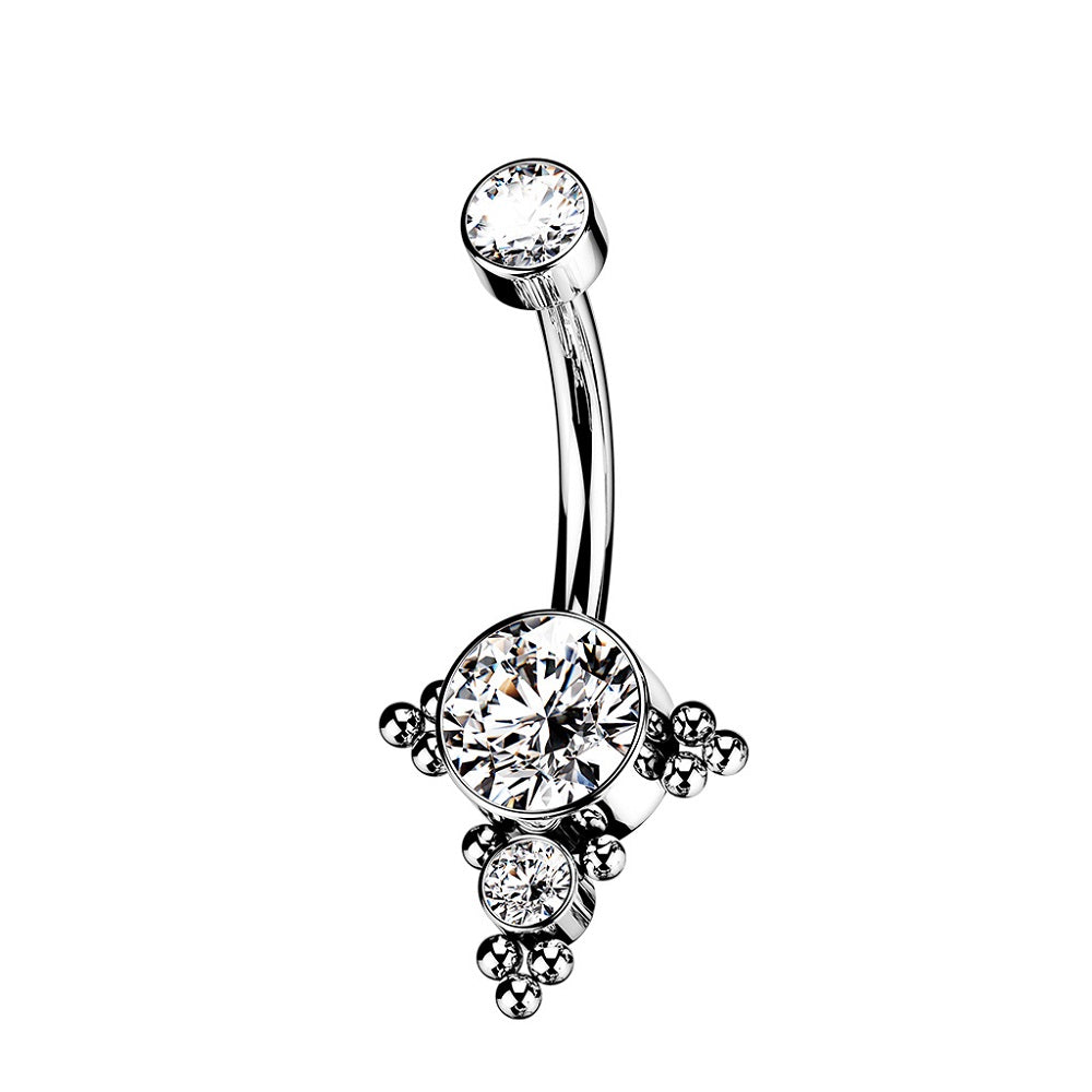 Bezel Set Gem with Ball Clusters Internally Threaded Belly Button Ring - G23 Implant Grade Titanium