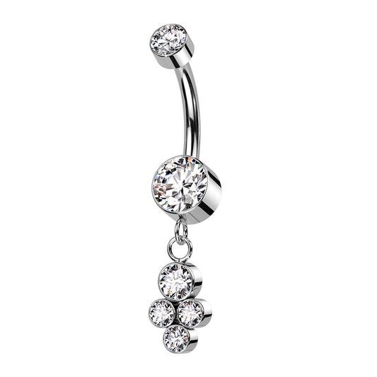 Internally Threaded Double CZ Crystal with Dangling Crystal Cluster Belly Button Ring - F136 Implant Grade Titanium