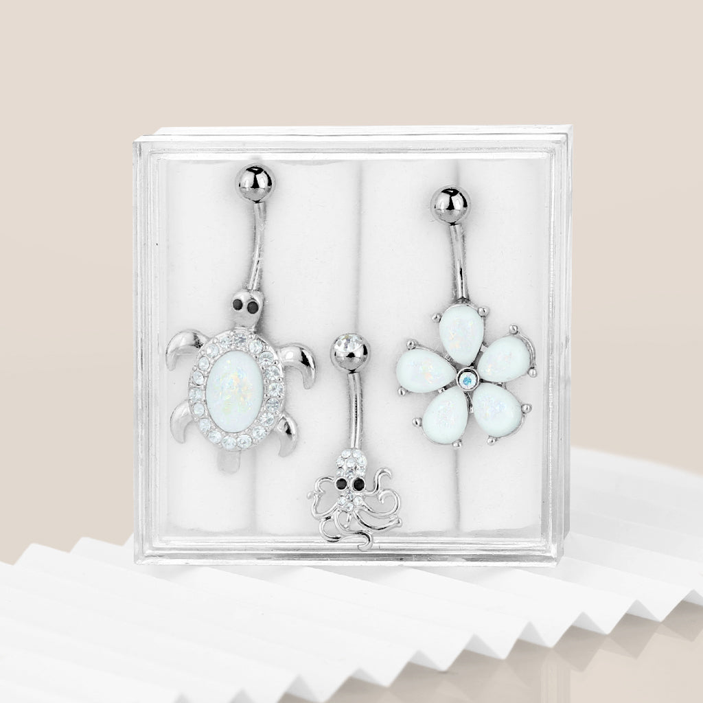 Set of 3 Nature Themed Belly Button Rings - Opal Flower, Crystal Paved Octopus, and Opal Center Turtle - 316L Stainless Steel