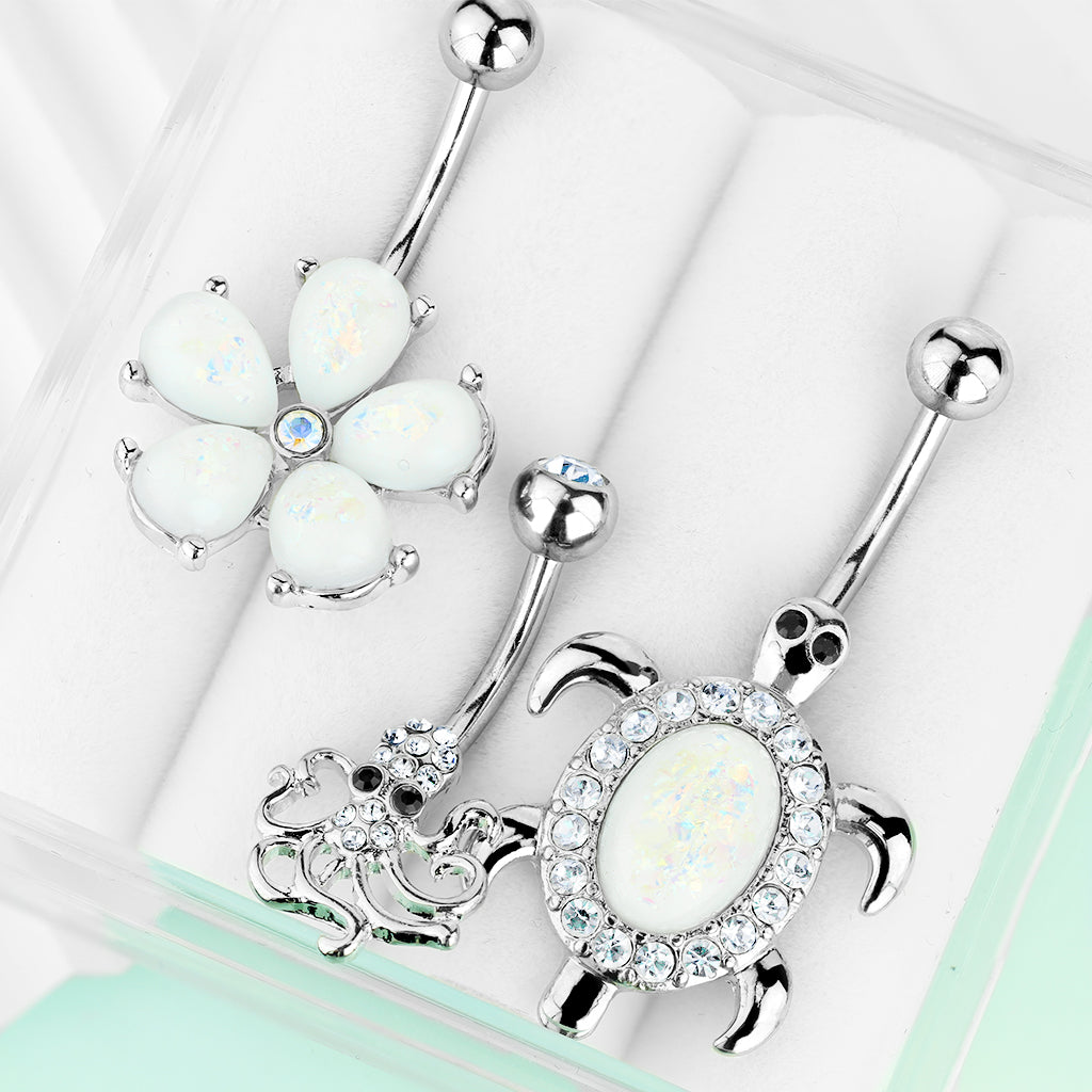 Set of 3 Nature Themed Belly Button Rings - Opal Flower, Crystal Paved Octopus, and Opal Center Turtle - 316L Stainless Steel