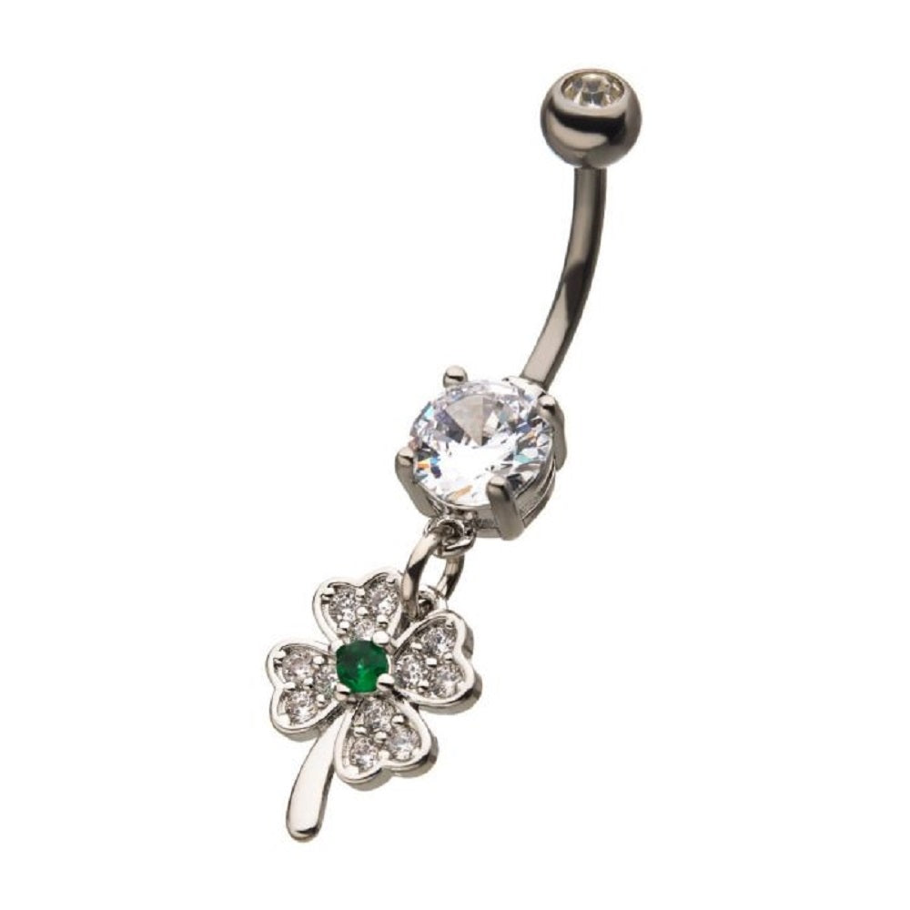 CZ Crystal Four Leaf Clover Dangling Belly Button Ring - Stainless Steel