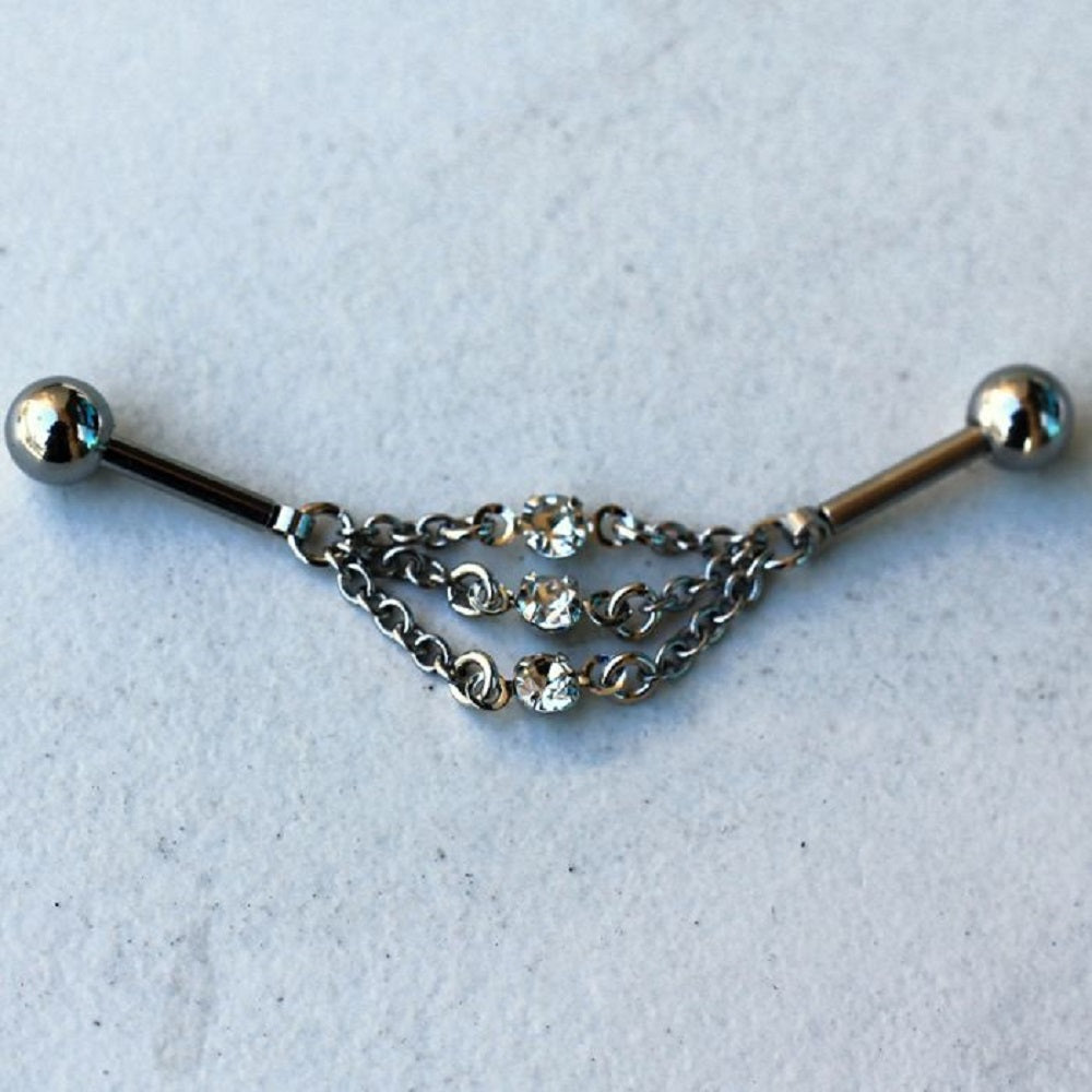 Triple Chains with Central CZs Industrial Cartilage Barbell - 316L Stainless Steel