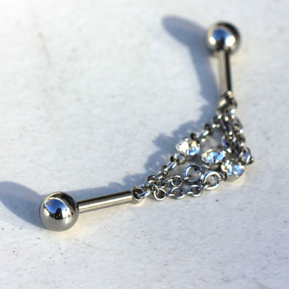 Triple Chains with Central CZs Industrial Cartilage Barbell - 316L Stainless Steel