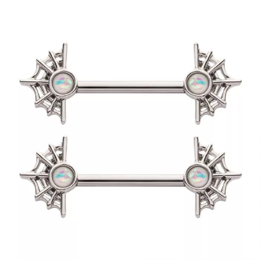Spider Web with White Glitter Opal Nipple Barbells - 316L Stainless Steel - Pair