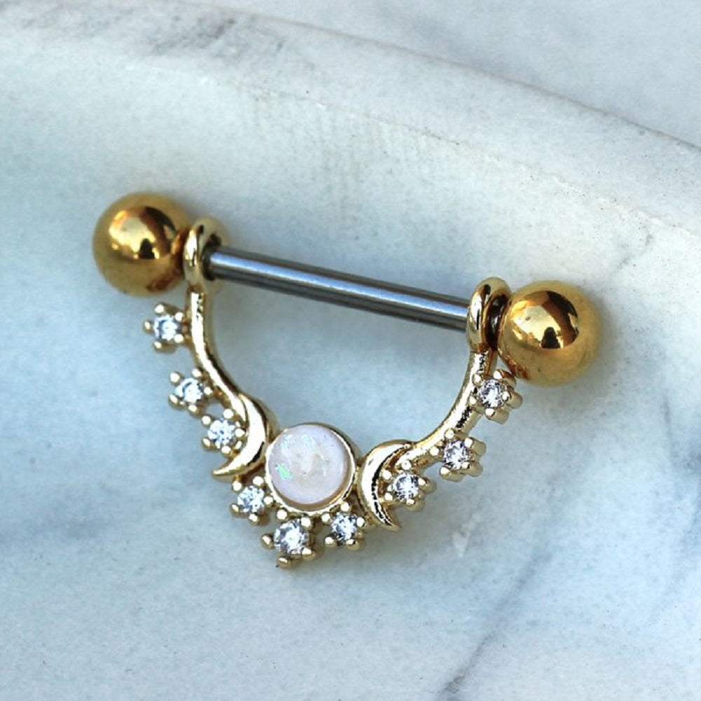 Golden Moons with Multi Jeweled Stars Dangle Barbell Nipple Rings - 316L Stainless Steel - Pair