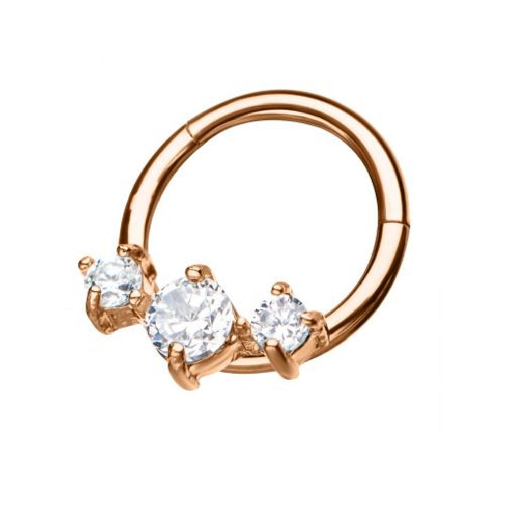 Prong Set Round Three CZ Clear Gems Hinged Segment Clicker Ring - 316L Stainless Steel