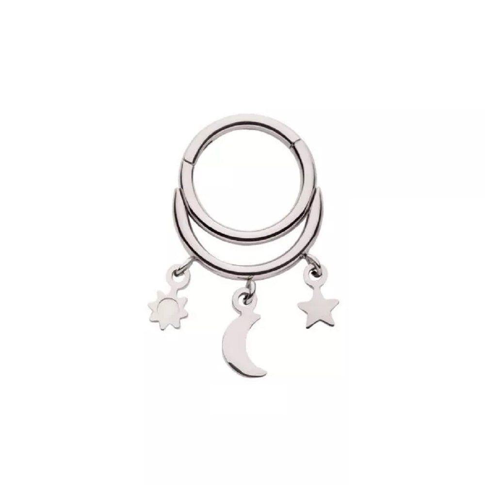 Double Hoop with Sun, Star and Crescent Moon Dangling Charms Hinged Segment Clicker Ring - 316L Stainless Steel