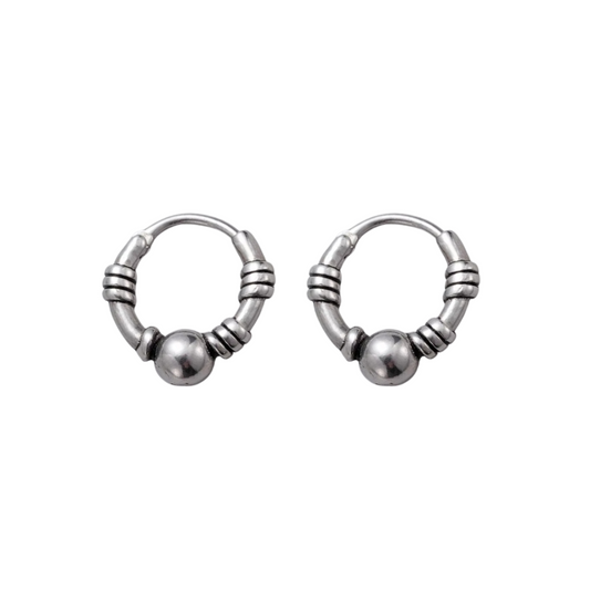 Bali Bead Hinged Hoop Earrings - Pair - Stainless Steel