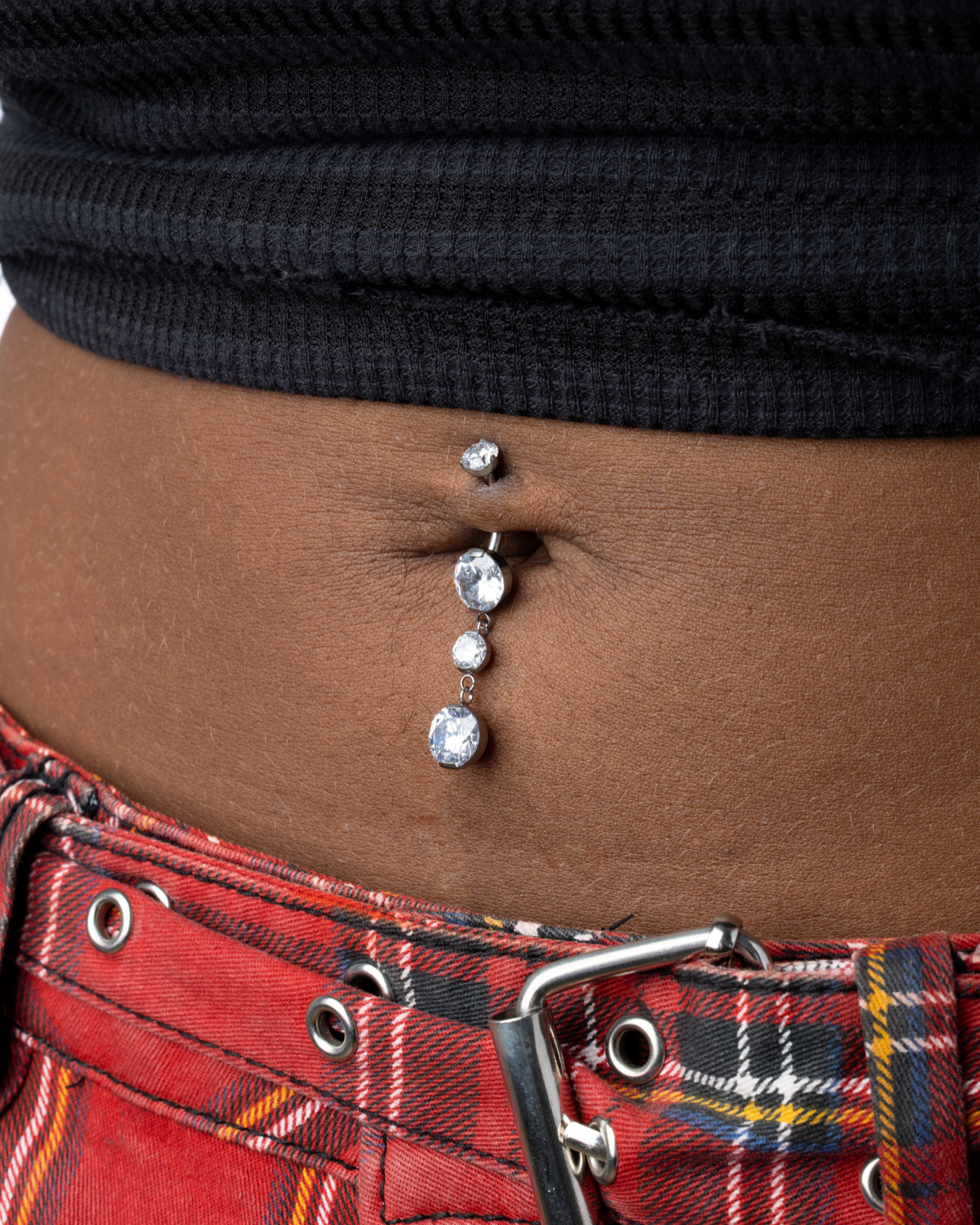 Internally Threaded Double Prong CZ Crystal with Two Round CZ Crystals Dangling Belly Button Ring - ASTM F-136 Implant Grade Titanium