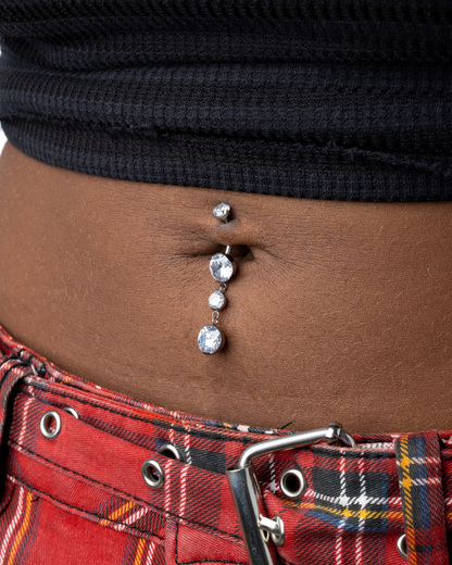 Internally Threaded Double Prong CZ Crystal with Two Round CZ Crystals Dangling Belly Button Ring - ASTM F-136 Implant Grade Titanium