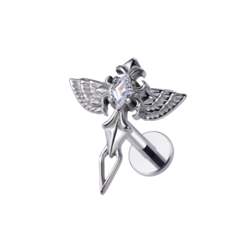 Internally Threaded CZ Crystal Winged Cross Flat Back Stud - ASTM F-136 Implant Grade Titanium