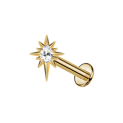 Internally Threaded Spiked CZ Crystal Teardrop Flat Back Stud - ASTM F-136 Implant Grade Titanium