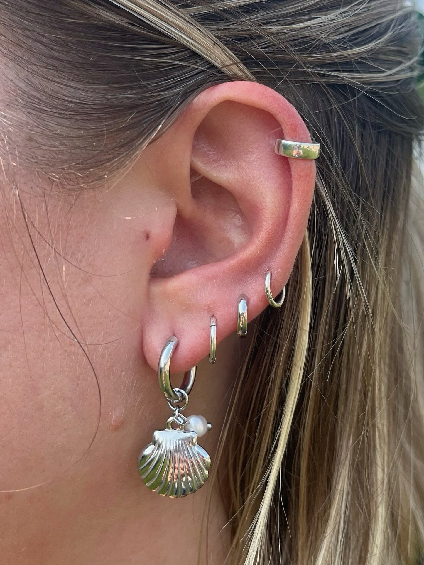 Shell with Faux Pearl Dangling Huggie Hoop Earrings - Pair - Stainless Steel