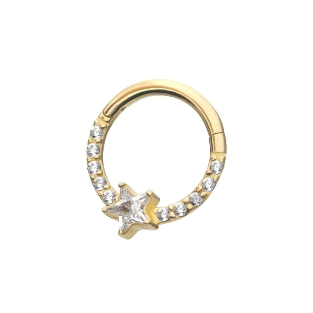 CZ Crystal Star Center Hinged Segment Clicker Ring - 14kt Gold