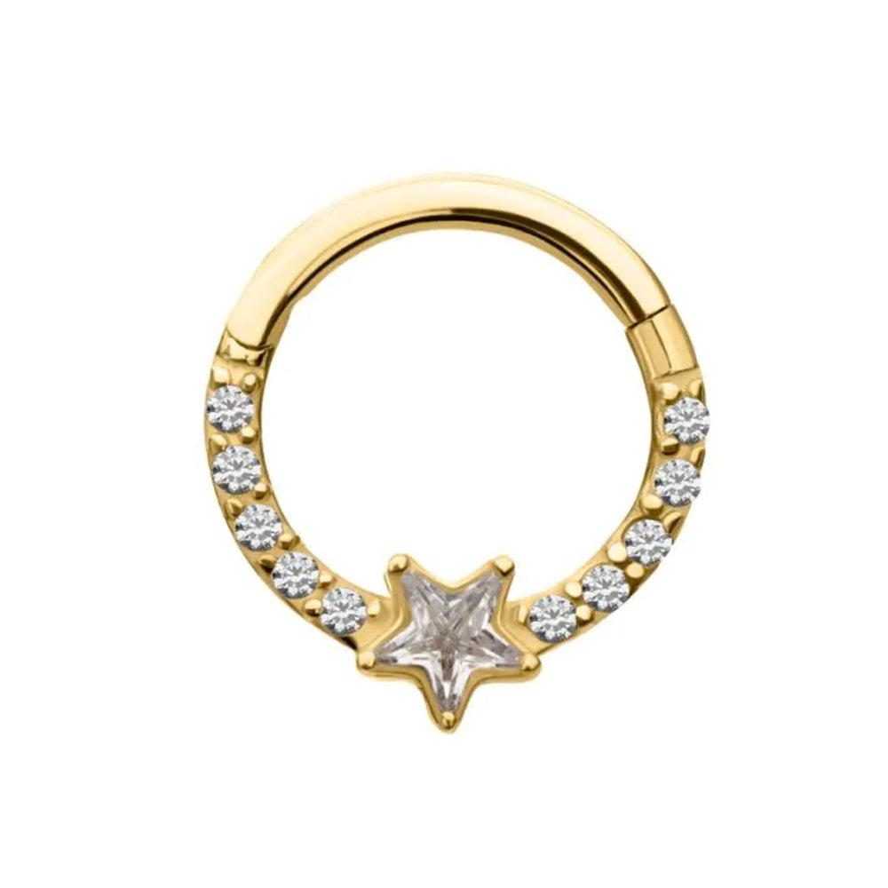 CZ Crystal Star Center Hinged Segment Clicker Ring - 14kt Gold