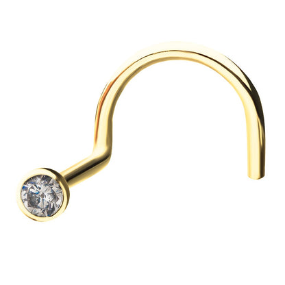 Bezel Set CZ Crystal Gem Top Nose Screw - 14kt Gold