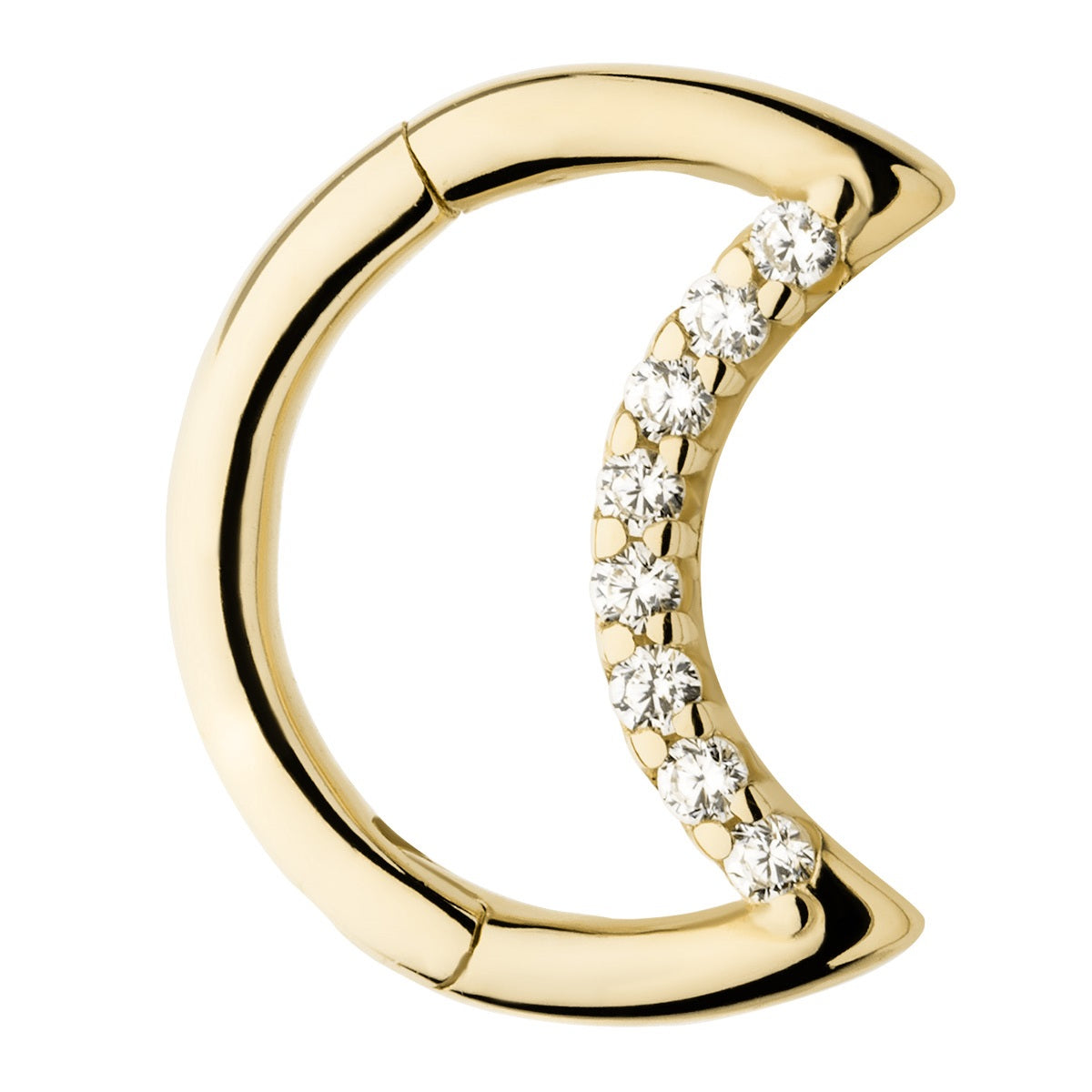 CZ Crystal Lined Crescent Moon Shaped Hinged Segment Clicker Ring - 14kt Gold