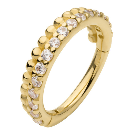 CZ Crystal and Beaded Ball Lined Hinged Segment Clicker Ring - 14kt Gold