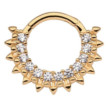 CZ Crystal and Spike Lined Front Hinged Segment Clicker Ring - 14kt Gold