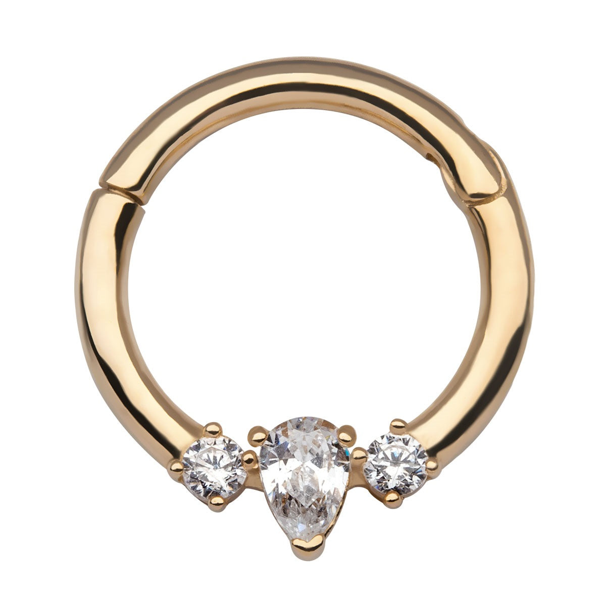 Triple CZ Crystal Cluster Front Hinged Segment Clicker Ring - 14kt Gold