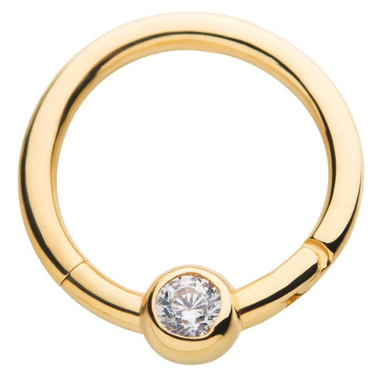 Bezel Set CZ Crystal Center Hinged Segment Clicker Ring - 14kt Gold