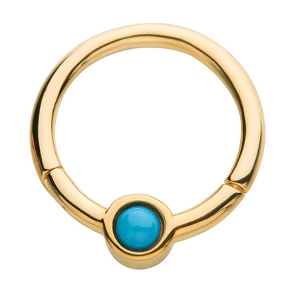 Bezel Set Synthetic Turquoise Center Hinged Segment Clicker Ring - 14kt Gold