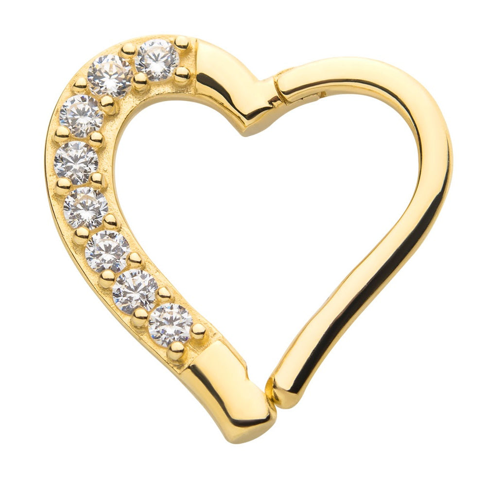 CZ Crystal Heart Shaped Right Ear Hinged Segment Clicker Ring - 14kt Gold