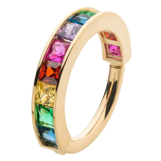 CZ Crystal Square Lined Hinged Segment Clicker Ring - 14kt Gold